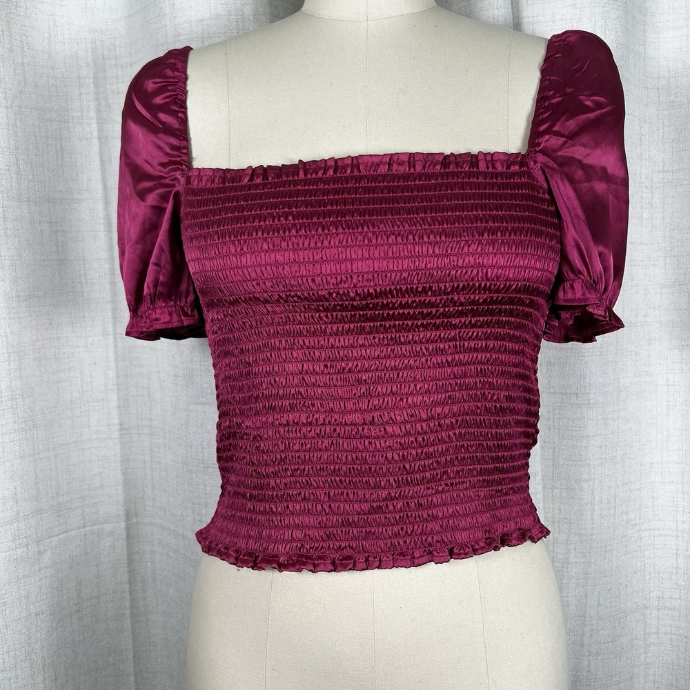 NEW! Urban Outfitters Large Pink Satin Smocked Bandeau Tube Top Puff Sleeves